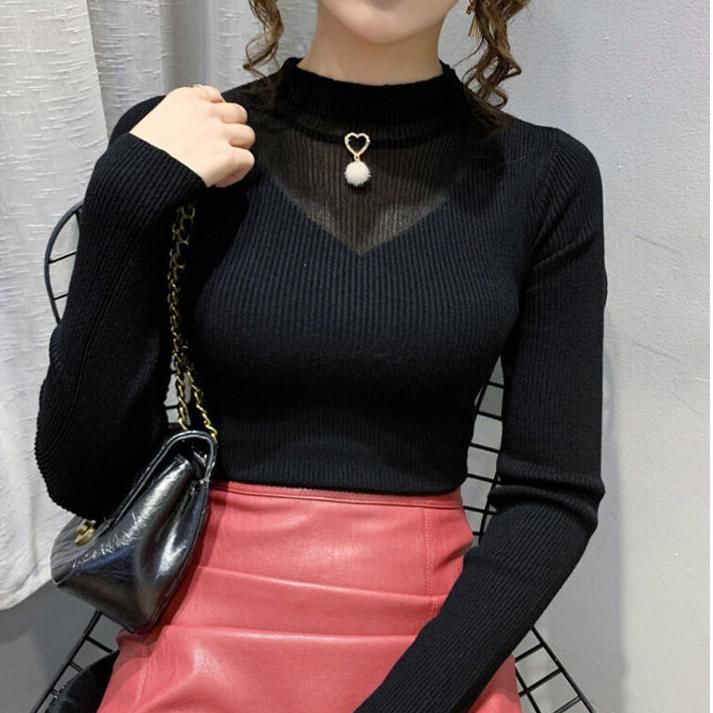 Women's Knitted Bottoming Shirt Fall  Winter Half-high Neck Hollow Mesh Knitted Sweater Slim Long-sleeved Stretchy Pullover Knitted Top Jumper