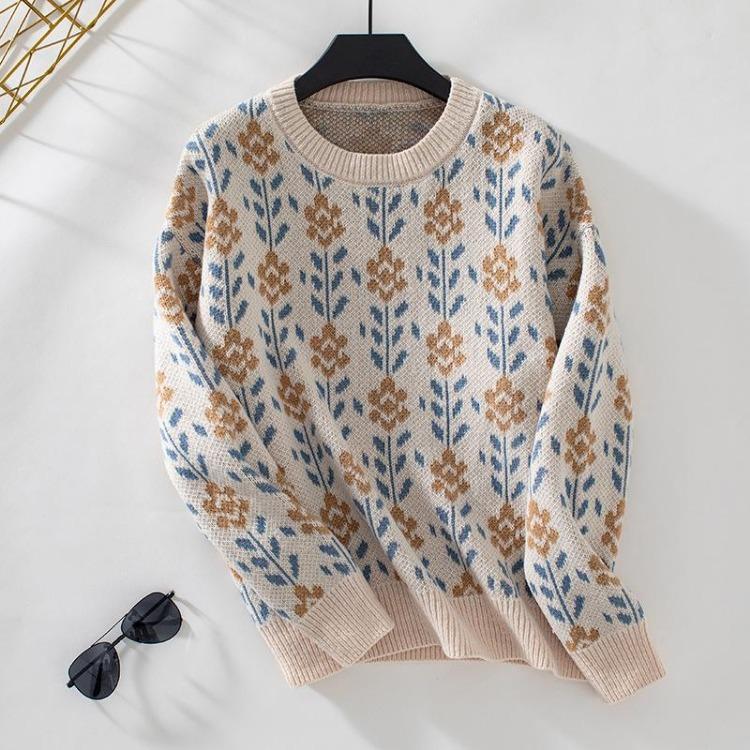 

Loose Knitwear Vintage Autumn Winter Sweater Long Sleeve O-Neck Pullover Print Top XL абрикосовий