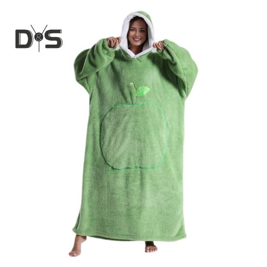 Winter Wearable Blanket Bathrobe with Big Pocket Thick Double-sided Fleece Loose Long Sleeves Pajamas Heat Retention Full Protection Home Lazy Sleeve