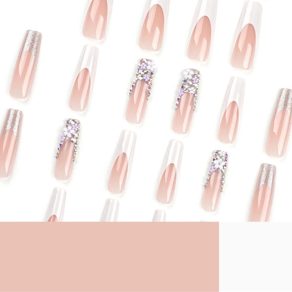 French White Edge Ultra-Long Nails with Rhinestones - European & American Style Manicure Tips