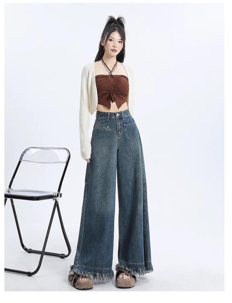 Autumn 2024 Women's High Waist Wide-Leg Retro Frayed Jeans