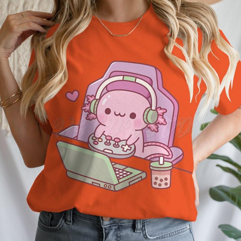 Cute Axolotl Playing Games T-shirt Female Casual Summer Drink Top Tie Dye Boba Tea Cartoon T-shirts Gamer Funny Short Sleeve Tee