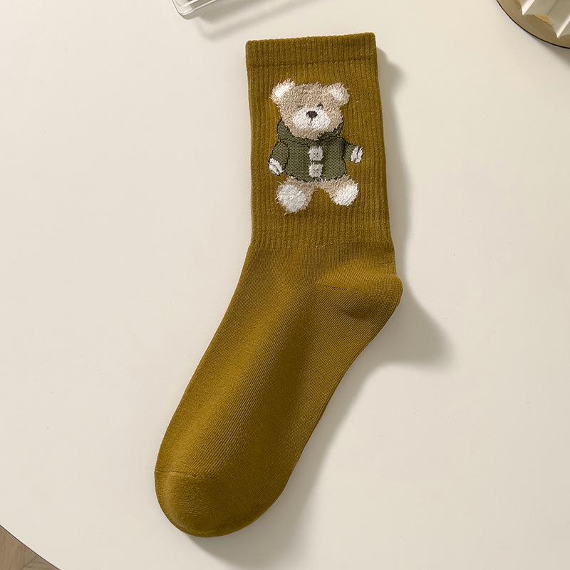 Filles en bas longs, Filles oursons mignons de dessin animé en automne et en hiver, Filles mi-mollet, Académie de filles, Chaussettes hautes en coton
