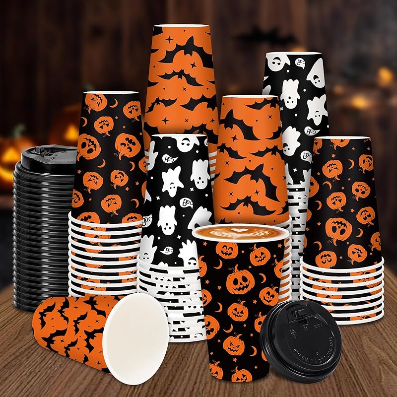 72 Set Halloween Disposable Coffee Cups with Lids 12oz Black Orange Pumpkin Ghost Bat Paper To Go Coffee Cups for Cappuccino Hot Chocolate Beverage Halloween