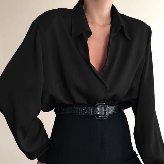 Camicia da Donna Primaverile Colore Unito Collo a Revers Monopetto