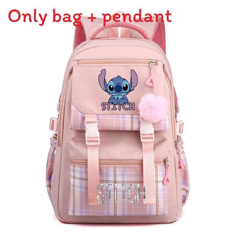 Cute Girl Backpack For School With Stitch Print And Checkered Patchwork Design For Middle School Students
