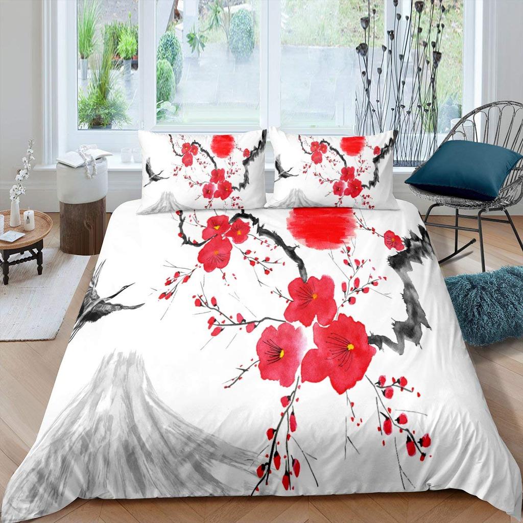 Japanischer Stil Weiche Bettbezug-Set für Mädchen Polyester Berg Fuji Warme Deckenbezug Kirschblüten Blume Tinte Hplus Gemalt Bequemer Bettdeckenbezug