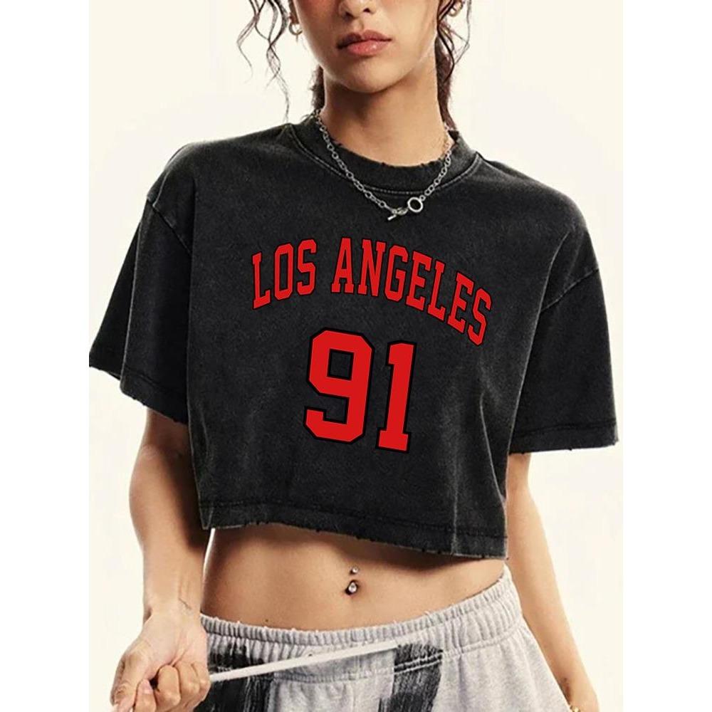 Los Angeles 91Print Female Washed Short T-Shirt Fashion Midriff-Baring Tshirt Street Tops Summer Loose Clothes