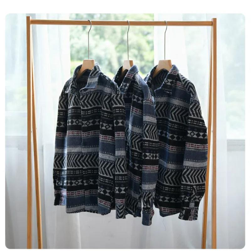 Chemise homme automne et hiver, style streetwear, imprimé ethnique à rayures, décontractée, manches longues, épaisse, brossée, vintage, ample