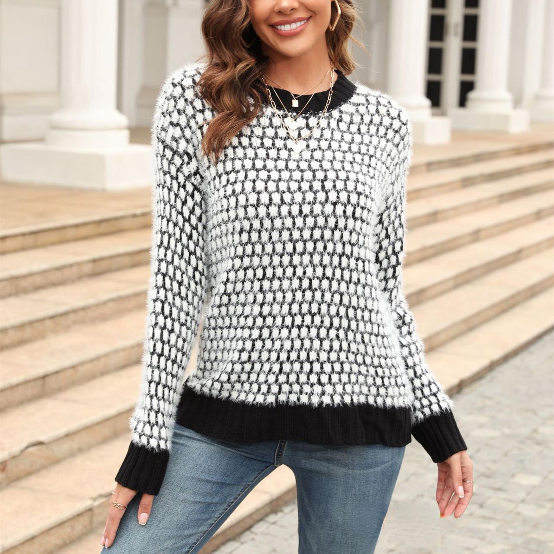 2023 осень/зима повседневный свитер женский трикотаж большого размера с круглым вырезом модный свитер с длинными рукавами S чёрный