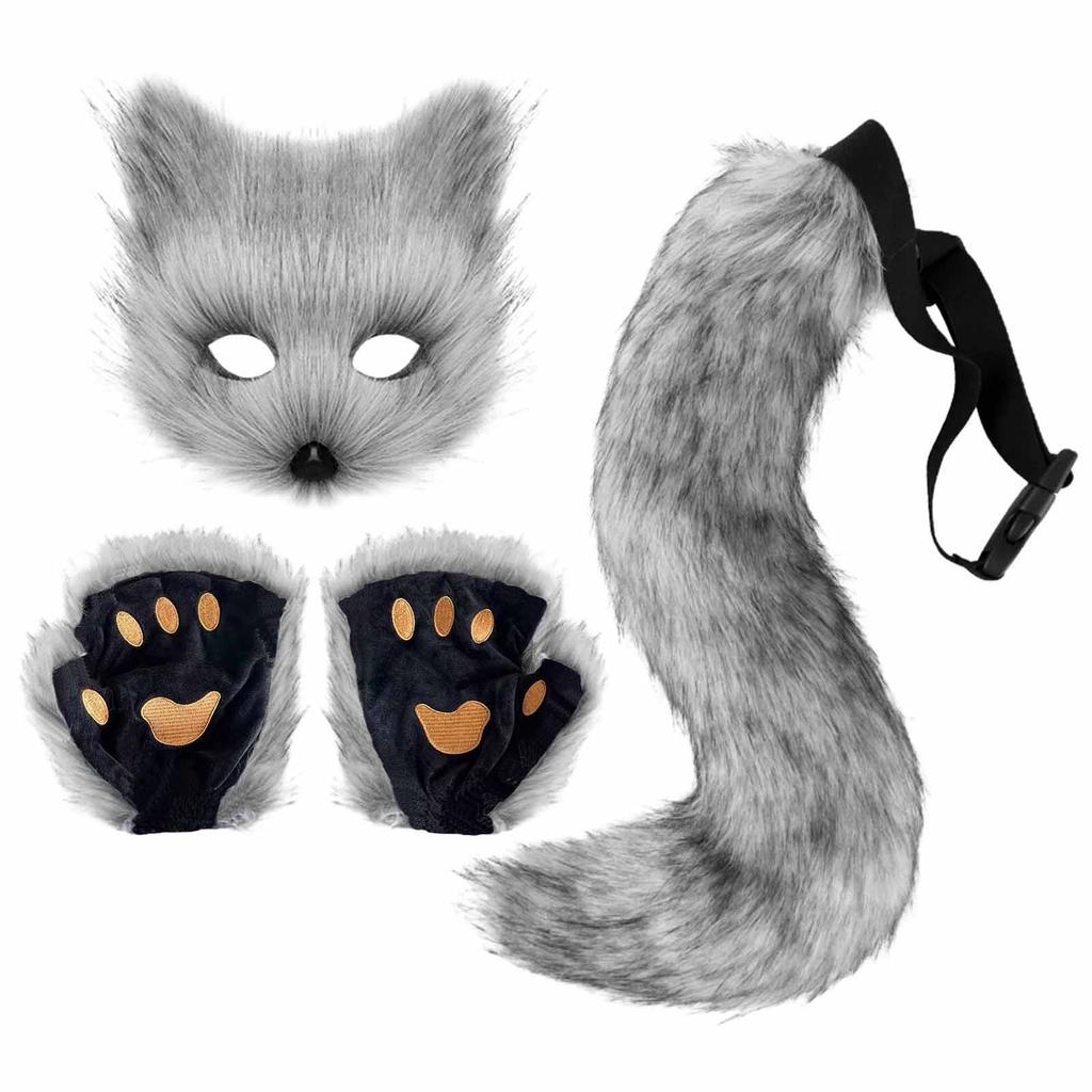 3PCS Handmade Faux Fur Masque Fox Masque Handmade Faux Fur Cat Fox Masquerade Kit for Halloween Party Cosplay Therian