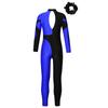 Girls Long Sleeve Stand Collar Shiny Rhinestone Contrast Color Hollow Back Dance Jumpsuit Hair Band