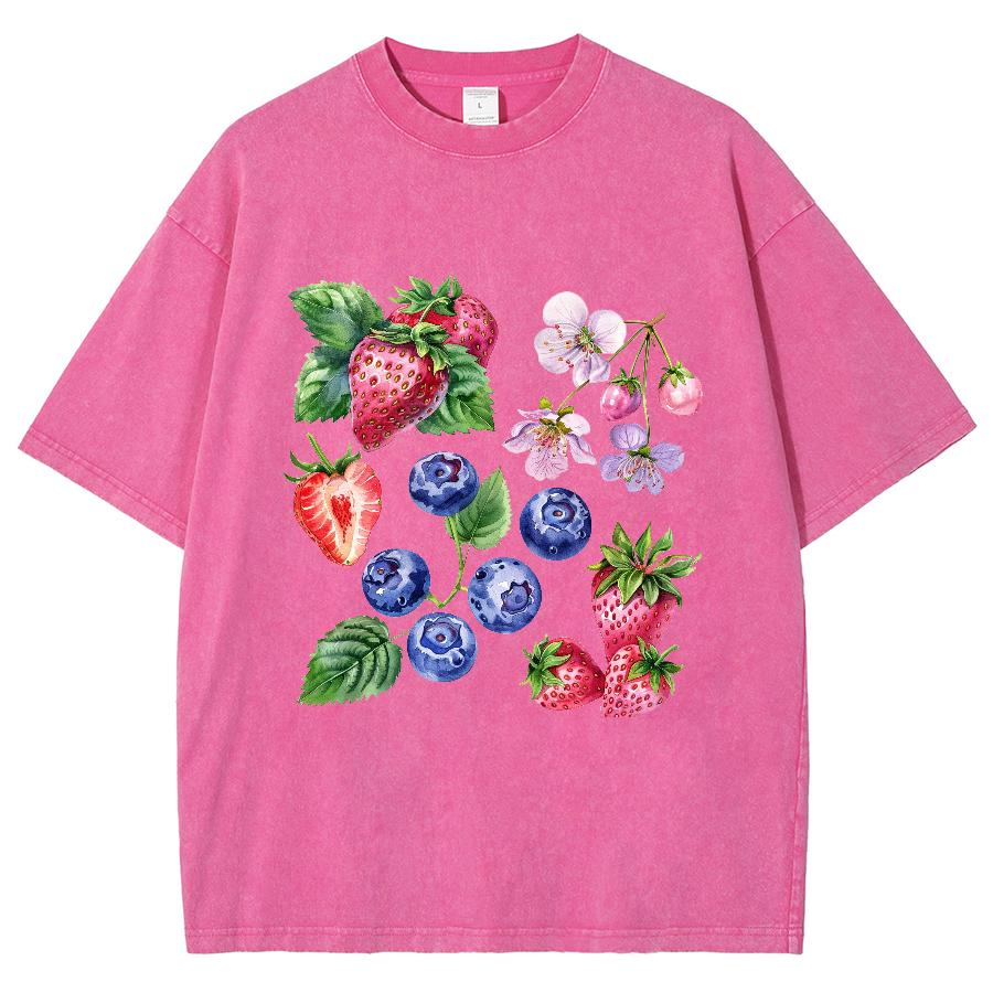 Summer Women's T-Shirt Women's Clothing Sales Oversize Strawberry Print Washed Top Harajuku Short Sleeve Casual