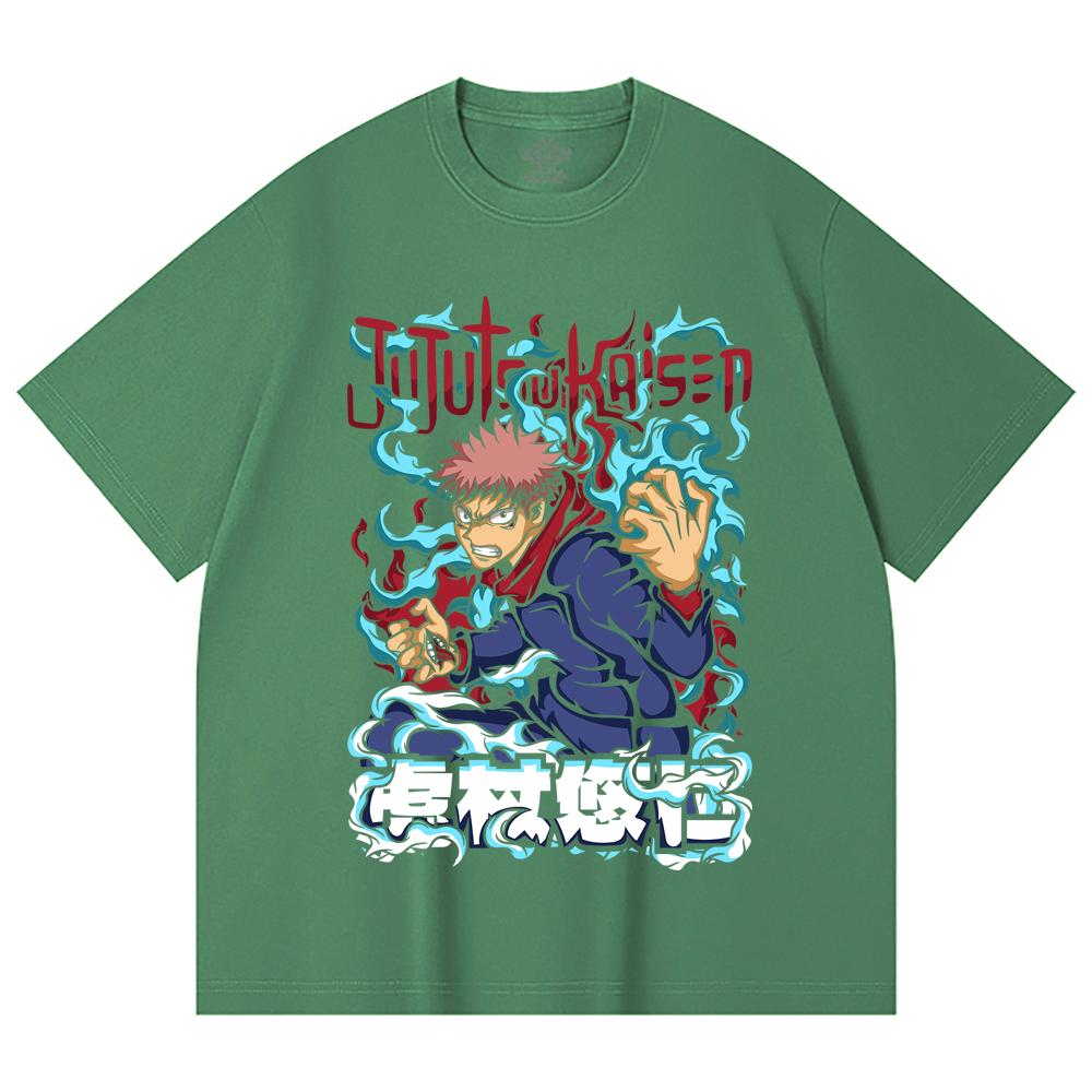 230 Gsm 100% Cotton Jujutsu Kaisen V50 Yuji Print Unisex Heavy Cotton T Shirt