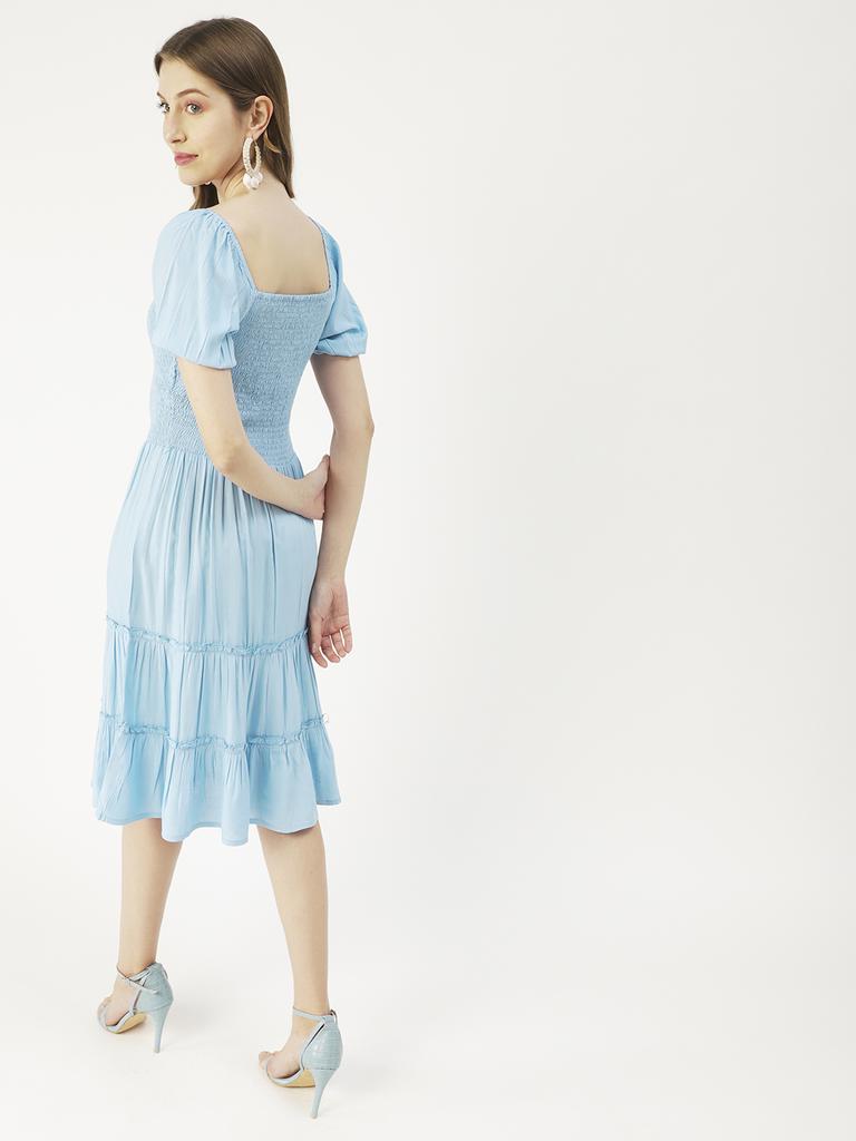 Moomaya Square Neck Tiered Dress, Knee Length Flared Smocked Summer Dress