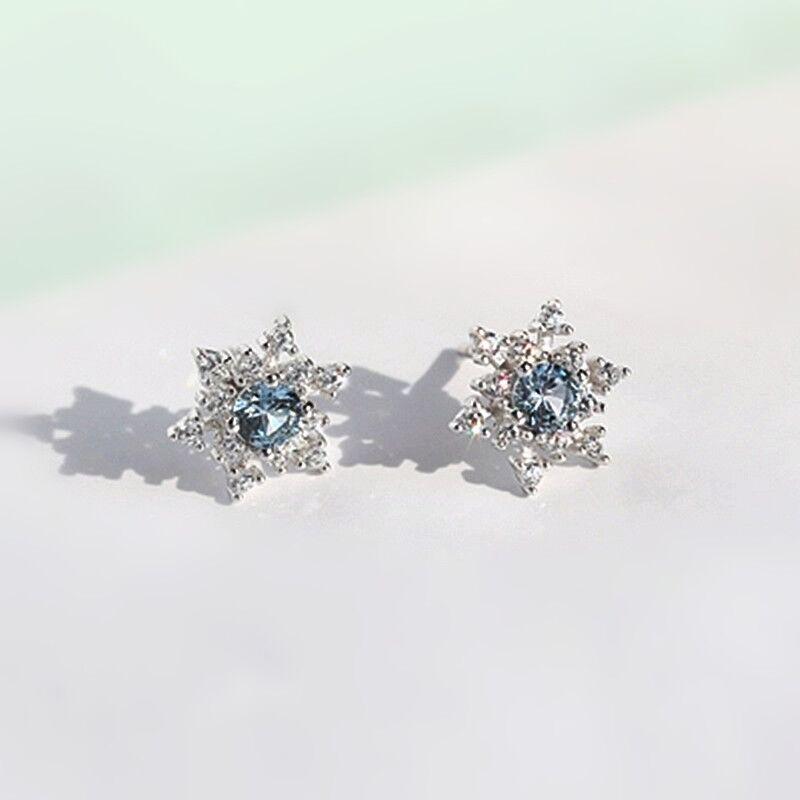 Korean Snowflake Earrings: Sweet Blue & White Diamond Studs for Women