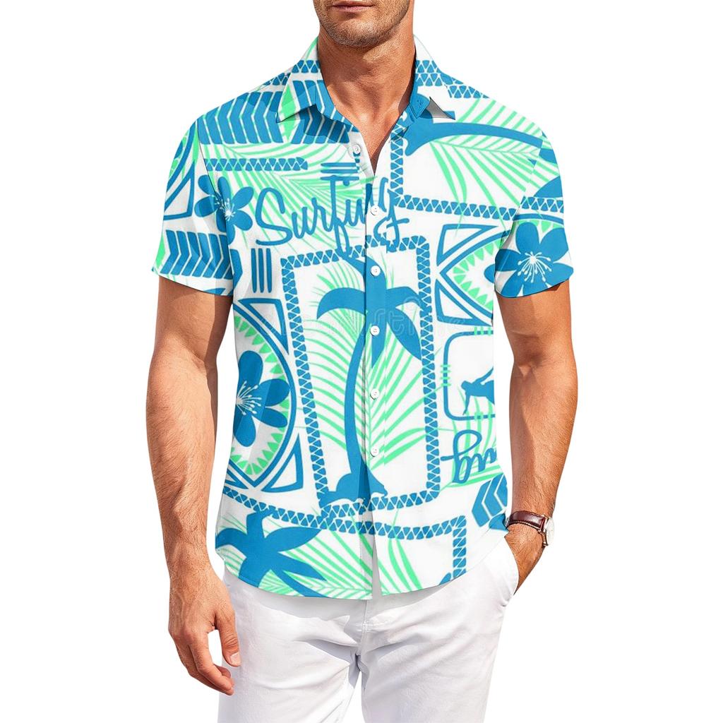 Men's Short Sleeve Button Down Shirt with Hawaiian Print Collared Casual Outdoor Fit Lightweight Top