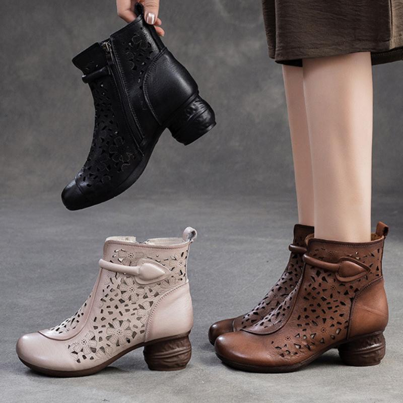 Johnature Retro Prodyšné Holínky Letní Sandály Móda z pravé kůže Dámská obuv na vysokém podpatku