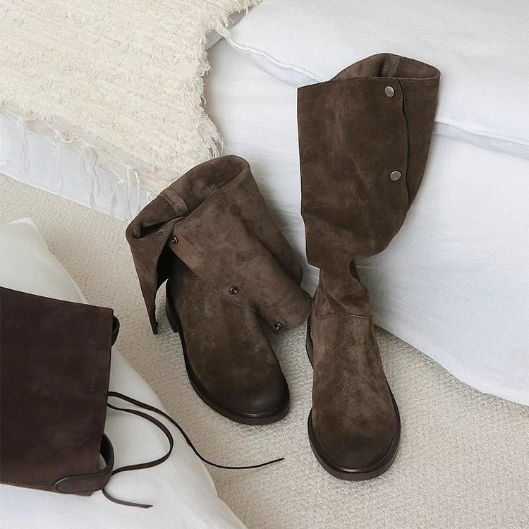 Cowhide version thin pleated piled boots women's boots thick heel retro two wear western boots suede versatile knight boots