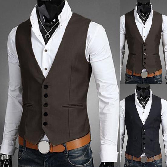 Business Men Solid Color V Neck Button Pocket Sleeveless Slim Fit Vest Waistcoat