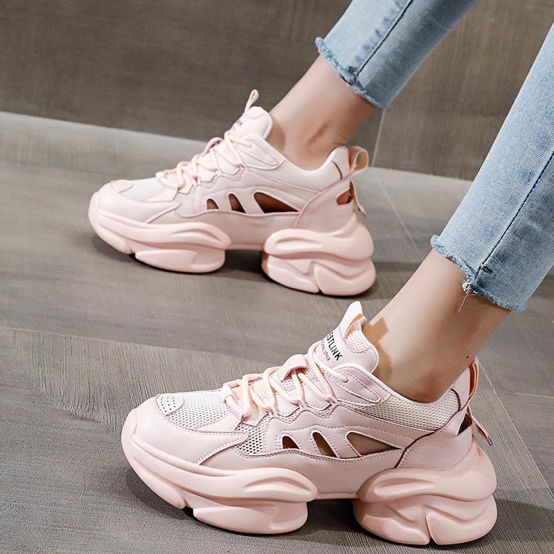 Dad's Shoes for Women  Spring New Style Breathable Mesh Casual Sports Shoes Thick Sole Inner Heightening White Women's Shoes