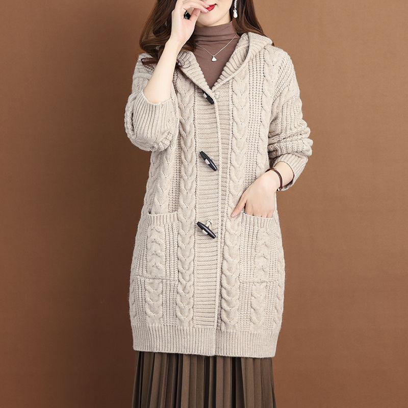 Spring Autumn Thick Sweater New Style Knitted Outerwear Women's Cardigans Medium Long Hooded Cardigan Sweater Coat