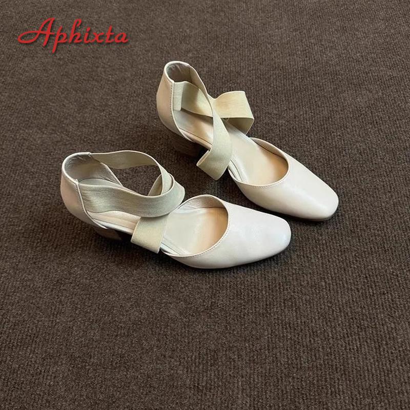 Fashion Aphixta Round Tou Ballet Shoes 7CM Square High Heels Woman Shoes Pumps Cross Elastic Band Shallow Woman zapatos de mujer