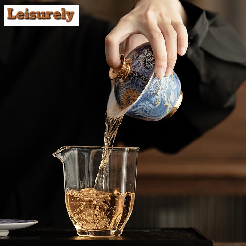 130ML Sheep Fat Jade Porcelain Gaiwan Enamel Colored Blue And White Dragon Palace Tea Tureen Tea Brewing Cover Bowl Tableware