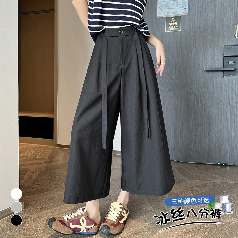 Women Summer High Waist Loose Solid Color Wide Leg Casual Cropped Pants S чёрный