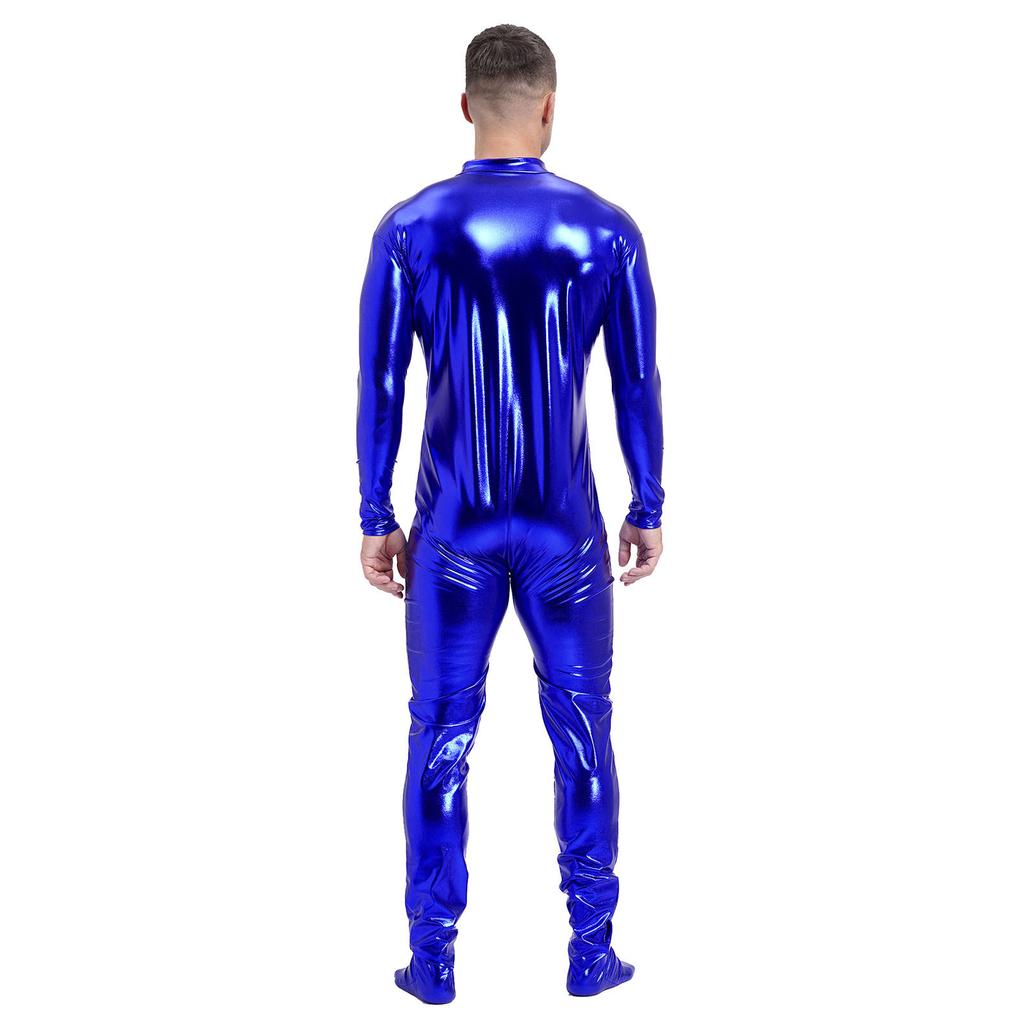 Męski Metaliczny Kombinezon Zentai Całe Ciało Obcisły Golf Długi Rękaw Kostium na Występy Klubowe