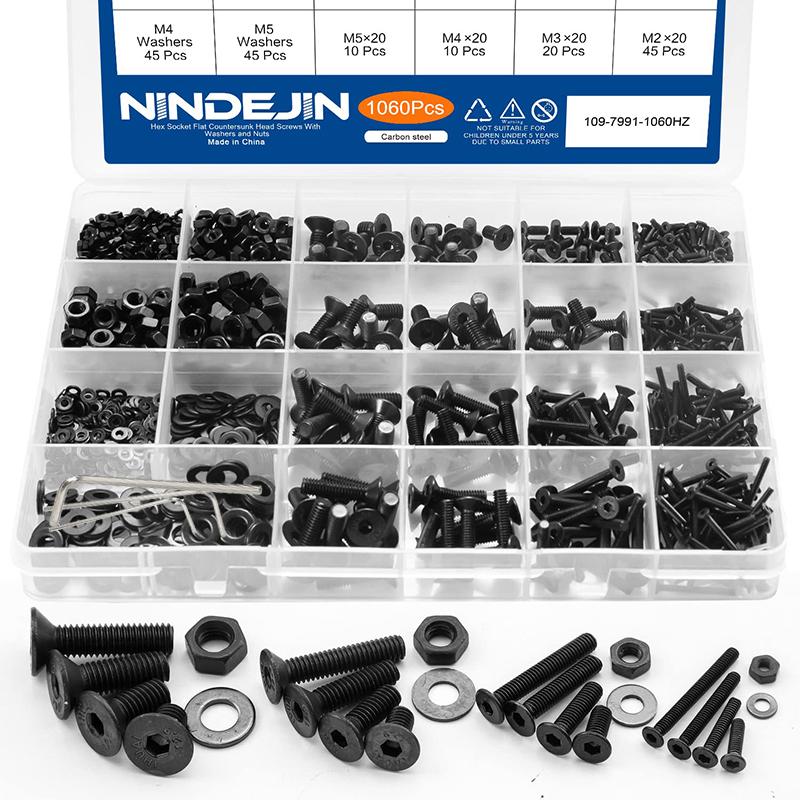 1060pcs M2 M3 M4 M5 Hex Socket Screw Set Carbon Steel Flat Round Cap Head Screws Bolts and Nuts Assortment Kit with Storage Box