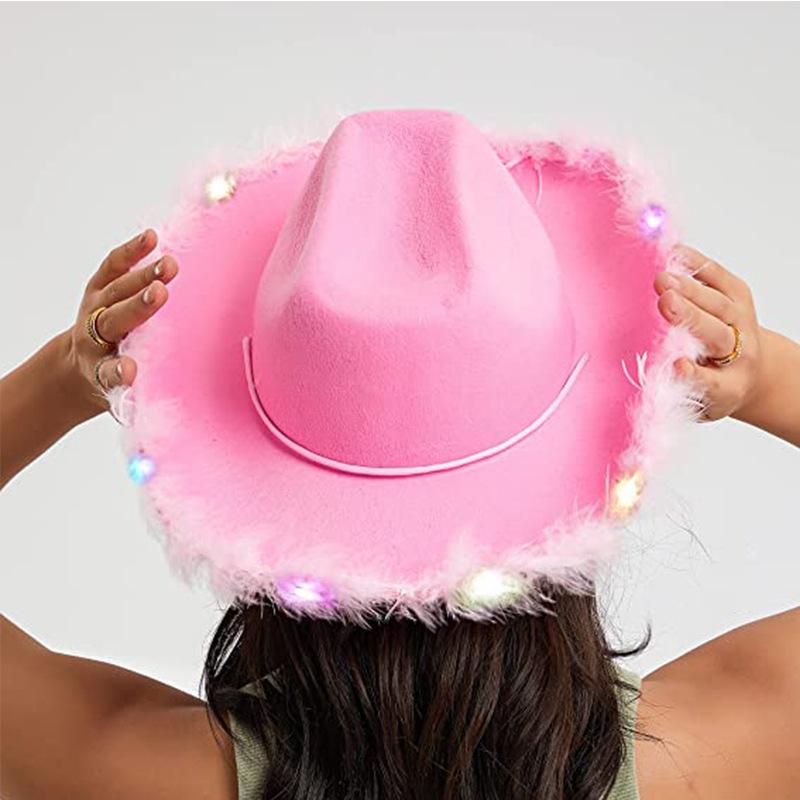 Light Up Cowgirl Hat Feather Edge Shiny LED Cowboy Hat Five Pointed Star Hats Performance Costume Cap Birthday Party Costumes