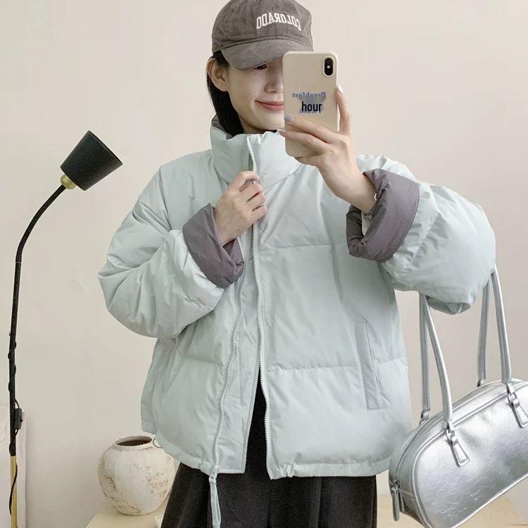 Winter Color Block Stand Collar Down Jacket - Korean Style Short & Thick Loose Fit Coat
