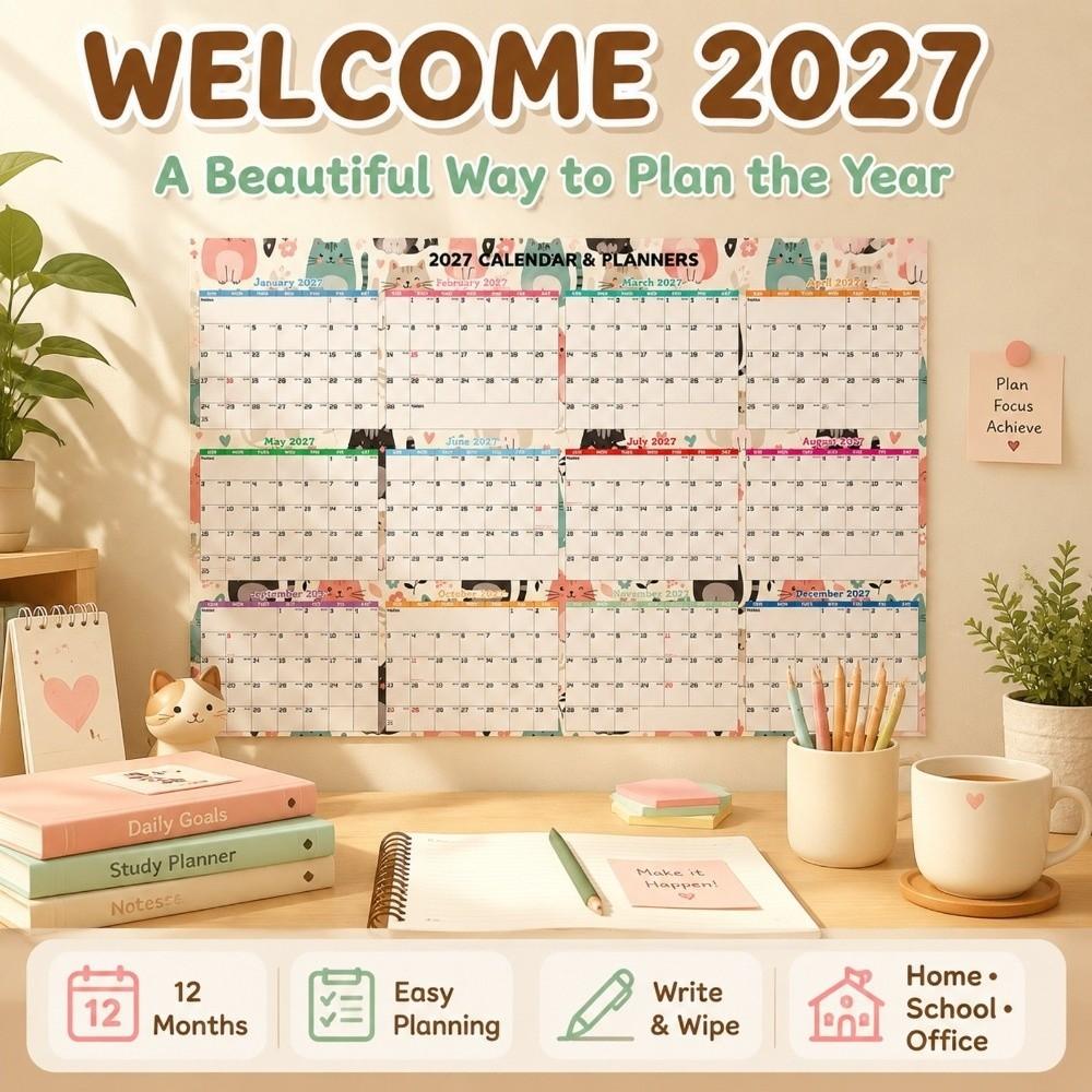 Erasable Surface 2027 Wall Calendar Large Size Annual Planning Chart Family Planning