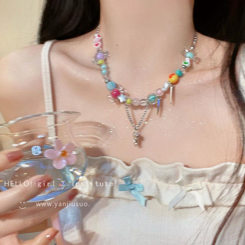 Sweet Cool Girl~ Color Beaded Love Necklace Women's ins Tide Niche Design Light Luxury Premium Versatile Clavicle Chain