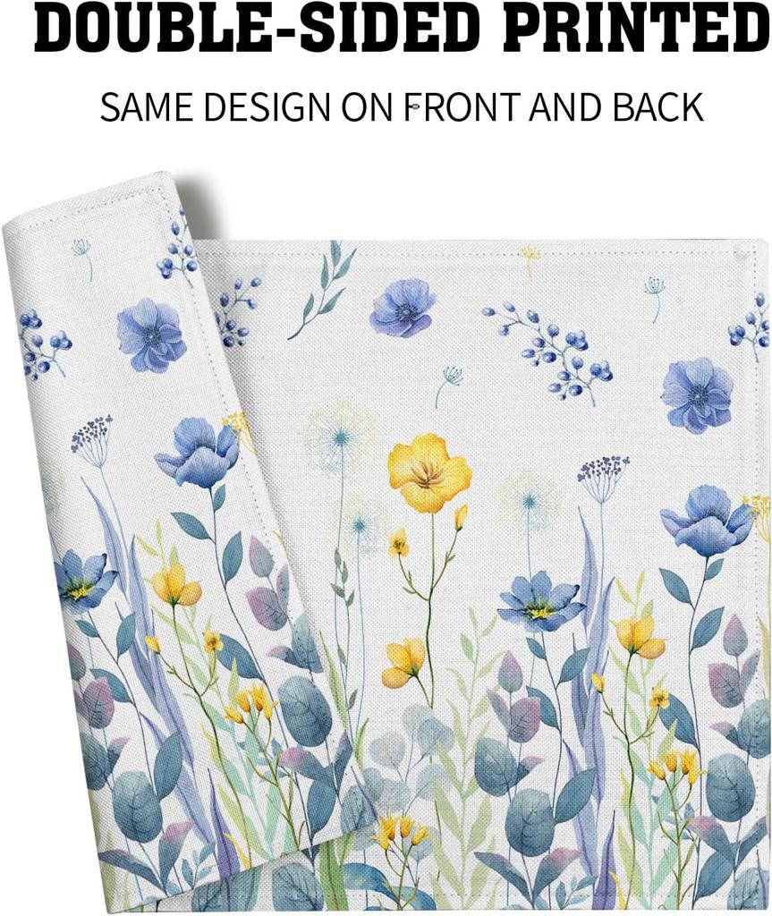 Watercolor Floral Placemats Set of 4 Blue Yellow Poppy Flowers Washable Non-Slip Heat Resistant 12×18 Inch Spring Summer Seasonal Linen Fabric Table M