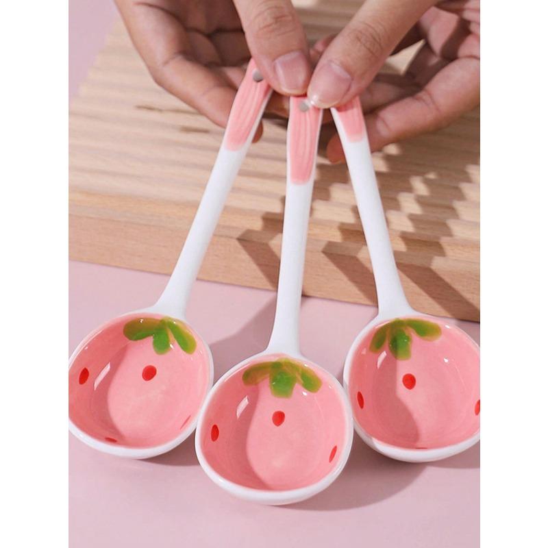 Pink Strawberry Ceramic Spoon Long-Handled Soup Spoon Houseware Spoon Dessert Spoon Set,Kitchen