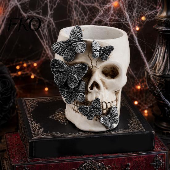 Cool Skull Pattern Holder Gothic Pen Holder, Spooky Butterfly Makeup Brush Realistic Decor Organizer, Halloween Desktop Pencil Cup for Home