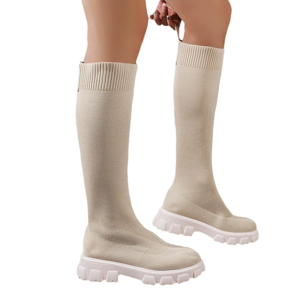 New Women's Shoes Fly-woven Tube Socks Boots Women's Autumn and Winter Fashion Round Head Thick Heel Martin Boots