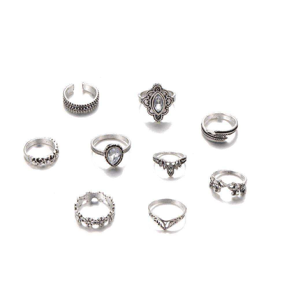 Retro Rhinestone Floral Feather Carved Open Ring Set - 9 Pieces