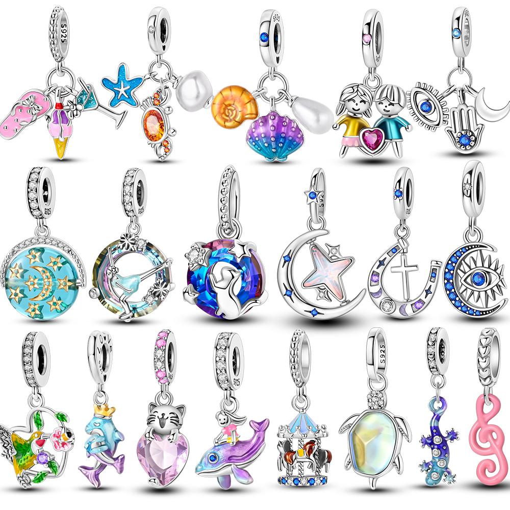 Prawdziwe Srebro 925 Wisiorek Karuzela Księżyc Urocze Kotki Charmsy Koralik Pasuje do Oryginalnej Biżuterii dla Kobiet