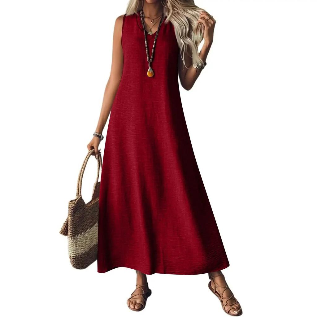 Summer Sleeveless Long V-Neck Elegant Dress Women's Fashion Ankle-Length Maxi Dress