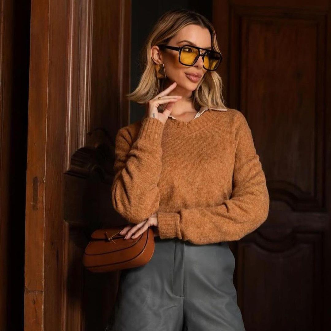 

2024 Autumn European & American Casual Lazy Style Solid Color Round Neck Pullover Knitted Sweater XXXL