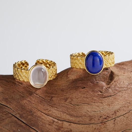 Niche Retro High-End Open Ring S925 Sterling Silver Inlaid With Natural Lapis Lazuli Powder Crystal Colored Treasure Ring For Women