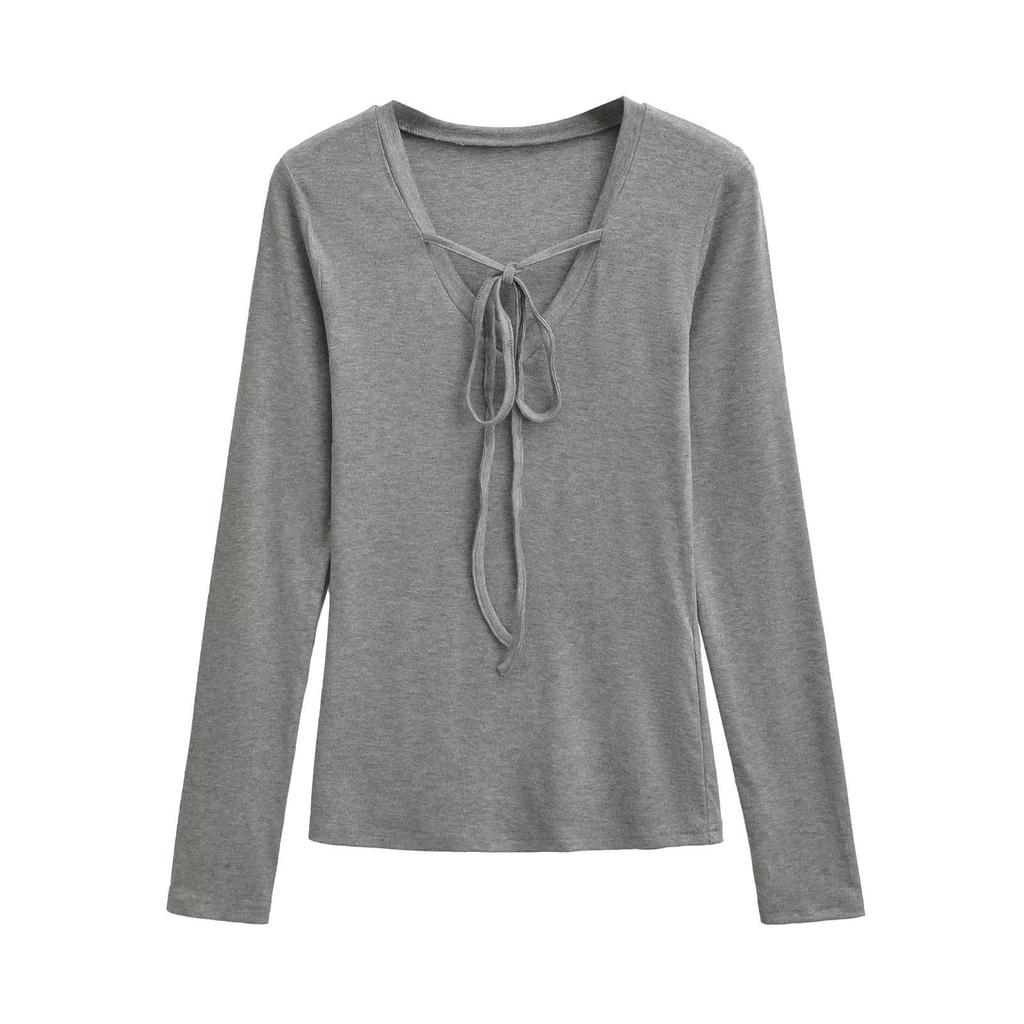 Women's Deep V-Neck Lace-Up Long Sleeve Slim Fit Autumn Top