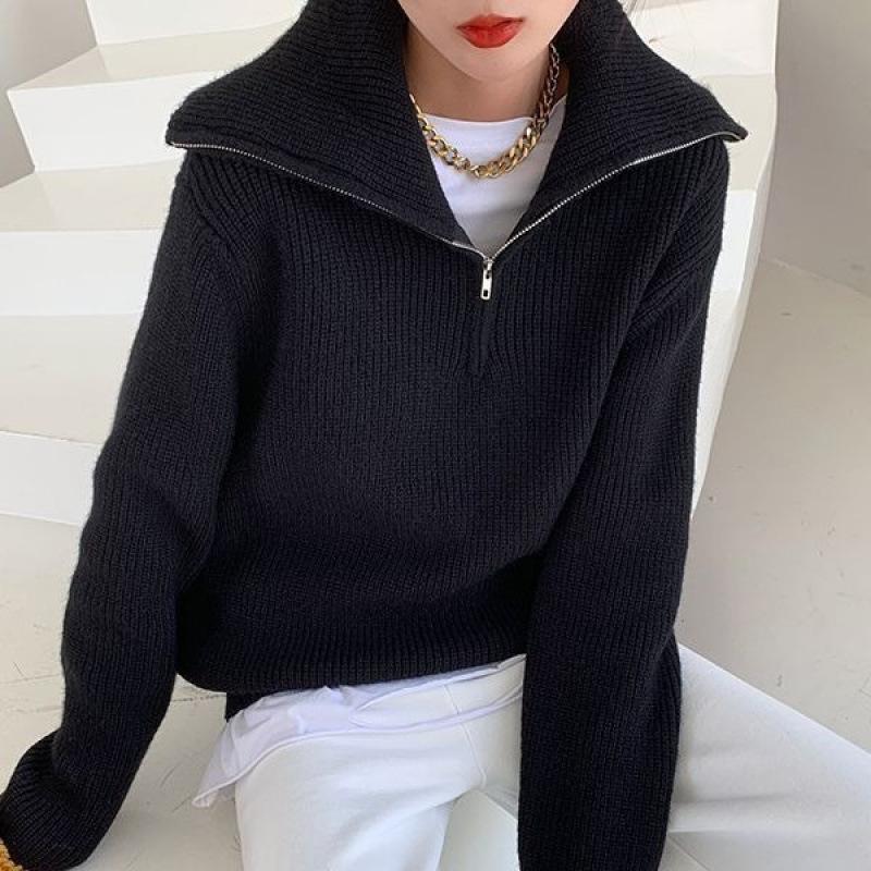 Lapel half zipper knitted sweater women's autumn and winter new commuter versatile loose pullover sweater women
