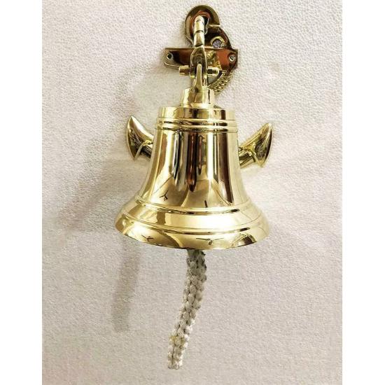 Brass Wall Hanging Ship Bell Antique Nautical Brass Anchor Door Bell Decor, 6" Inches Wall Hanging Indoor Brass Bell