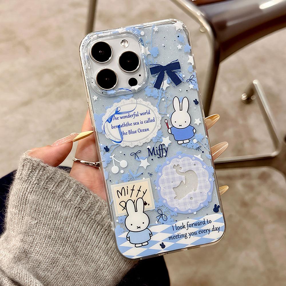 Applicable To Apple 16pro Cute Miffy 13 Cartoon Mobile Phone Case Large Hole Transparent Iphone15 Glitter Protective Case