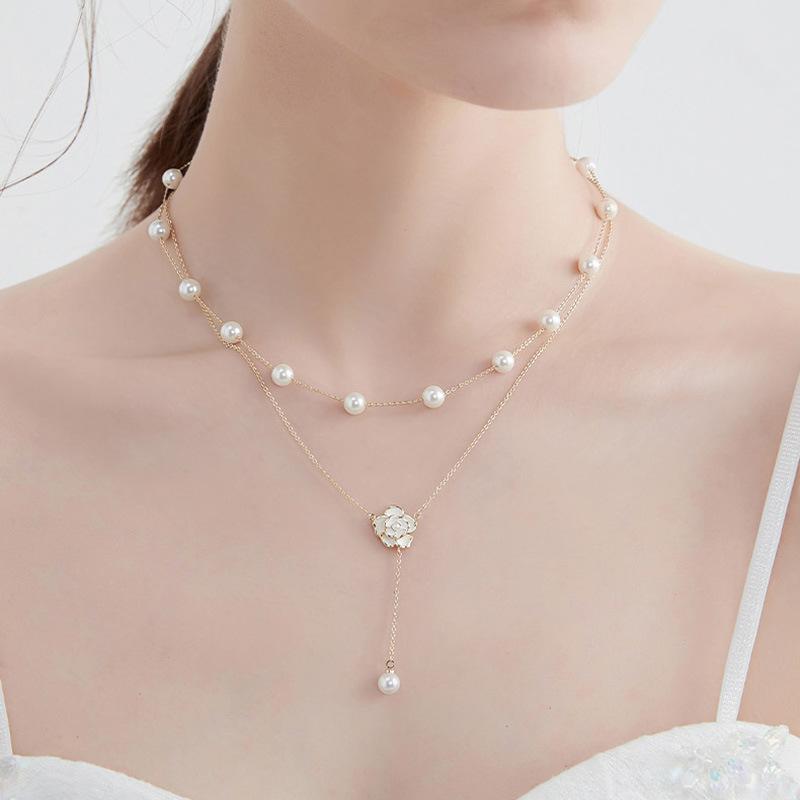 Camellia Double-layered Pearl Necklace Light Luxury Niche Temperament Neck Chain Collarbone Chain Sweater Chain