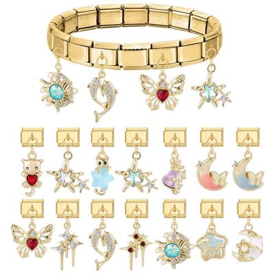 Gold Color Butterfly Bow Knot Strawberry Star Pendant Beads Vintage Italian Charm Bracelet Stainless Steel Diy Jewelry Gifts